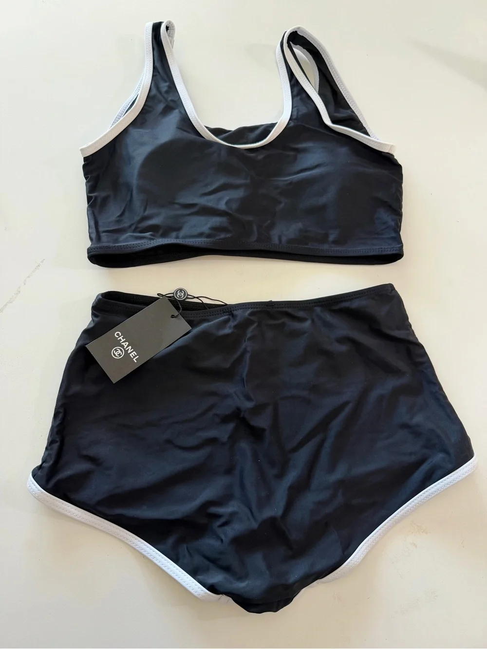 CHANEL Black Bikini Set with White Trim